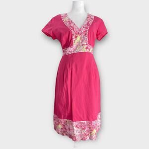 Vintage Lilly Pulitzer Pink Floral Lions White Label Tie Back Sheath Dress Small
